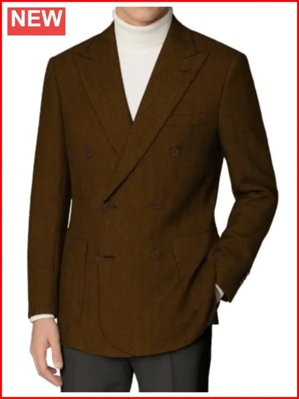 Men Tweed Blazer Herringbone Double Breasted Jacket Wool Blend Coat